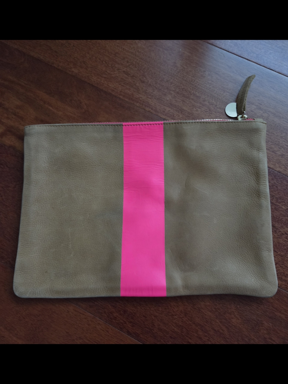 Clare V Tan Pouch with Pink Accent and Red Trim